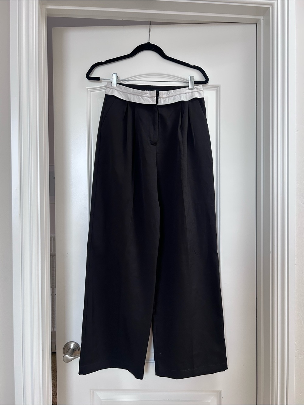 Lioness Black Wide-Leg Pants with White Waistband